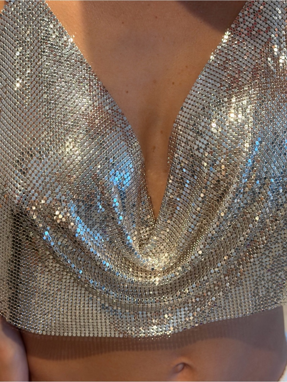 Silver Chainmail Inspired Cowl Neck Crop Top